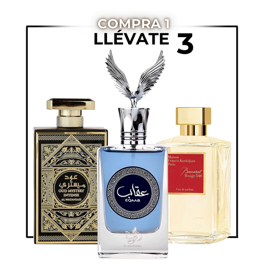 Pack Trio Perfumes Árabes para Hombre – Oud Mystery | Eqaab Blue | Rouge Essence