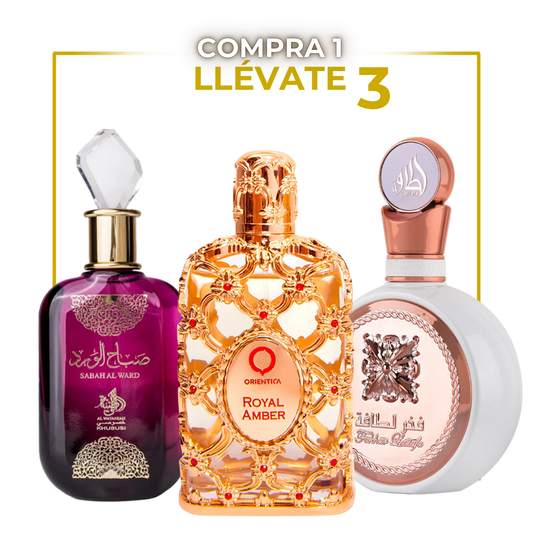 Pack Trio Perfumes Árabes para Mujer – Sabah Rose | Royal Amber | Fakhar Blanc
