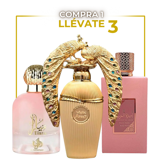 Pack Trio Perfumes Árabes para Mujer – Tiara Rose | Afeef Gold | Pink Musk