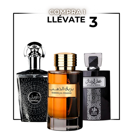 Pack Trio Perfumes Árabes para Hombre – Taweel Noir | Bareeq Gold | Wesal Essence